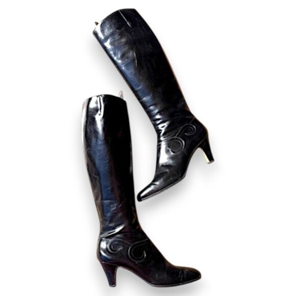 Salvatore Ferragamo Black Leather Knee High Boots 9.5 AA | Italian 70s Mod Class - Picture 1 of 13